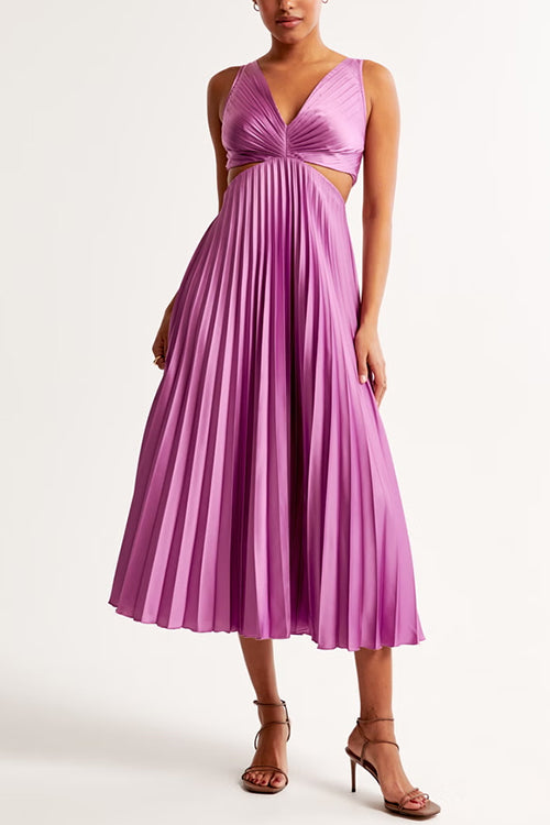 7 Colors Chicest V Neck Cut Out Waist Sleeveless Pleated Maxi Dress