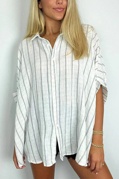 Margovil Oversized Button Down Batwing Sleeves Striped Shirt