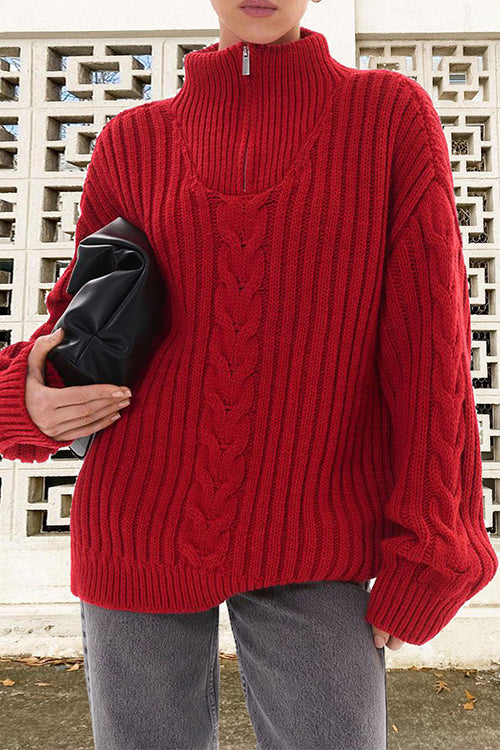 Margovil Zipper Up Turtleneck Cable Knit Warm Sweater