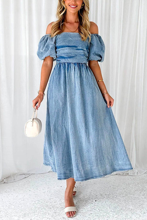 Margovil Puff Sleeves Smocked Empire Waist Denim Swing Dress