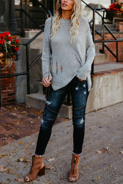 Margovil Crewneck Side Split Ripped Comfy Sweater