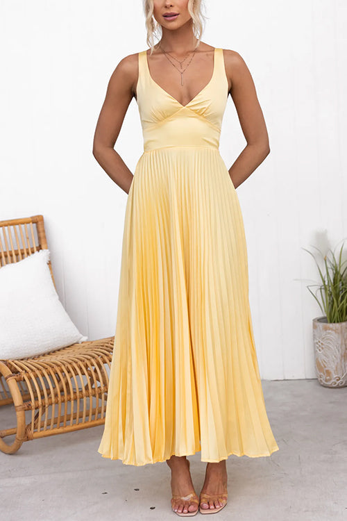 V Neck Backless Cut Out Pleated Maxi Cami Dress