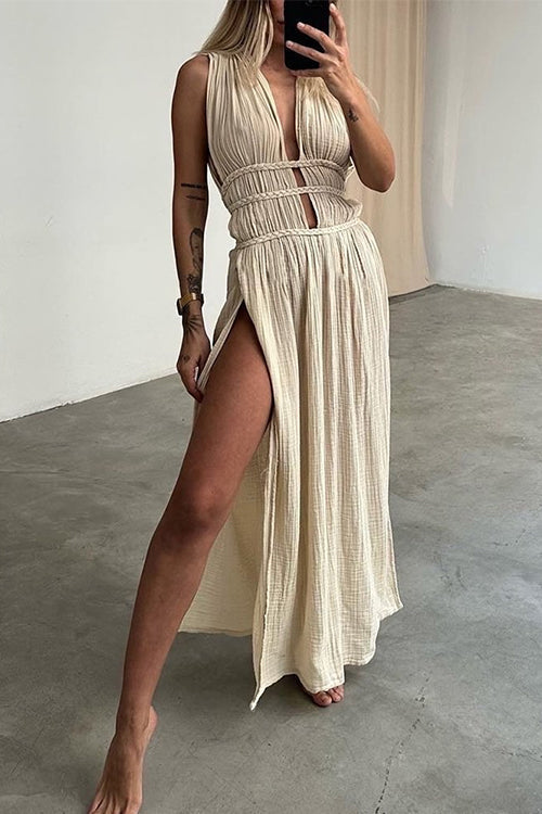 Margovil Deep V Neck Cut Out High Slit Cotton Linen Maxi Beach Dress