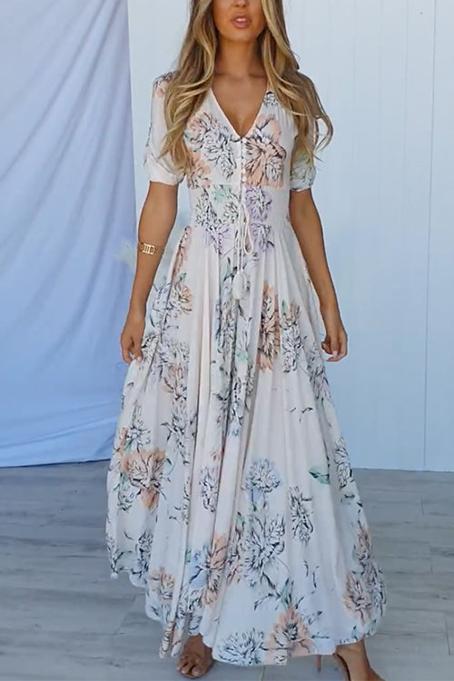 Buttons V Neck High Waist Floral Maxi Swing Dress