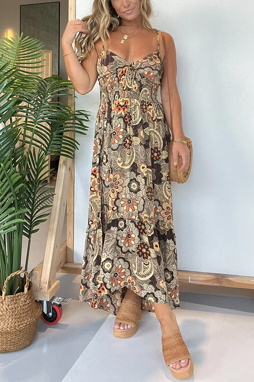 Margovil V Neck Back Lace-up Slit Floral Print Maxi Cami Dress