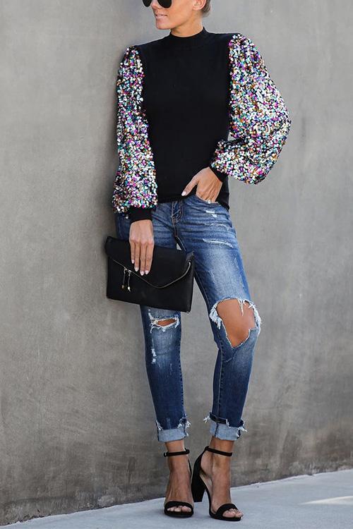 Margovil Sequin Lantern Sleeve Festive Blouses