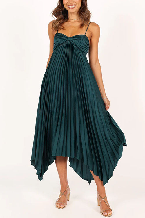 Margovil Spaghetti Strap Irregular Hem Pleated Swing Midi Dress