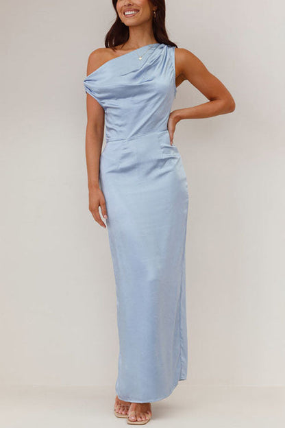 Margovil Asymmetric Shoulder Back Slit Waisted Maxi Dress