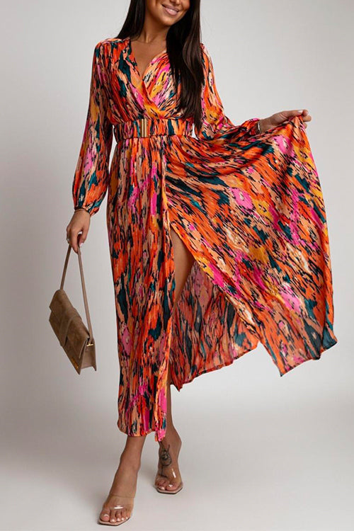 Margovil V Neck Long Sleeve Belted Printed Maxi Wrapped Dress