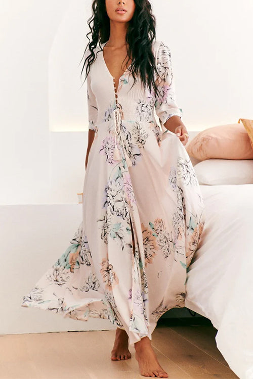 Buttons V Neck High Waist Floral Maxi Swing Dress