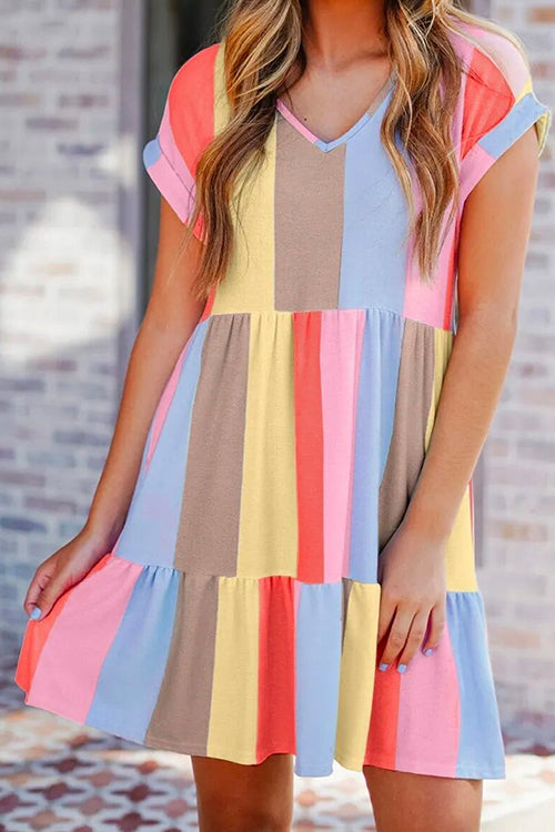 Margovil V Neck Color Block Stripes Candy Swing Dress