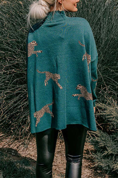 Margovil High Neck Side Slit Cheetah Pattern Sweater