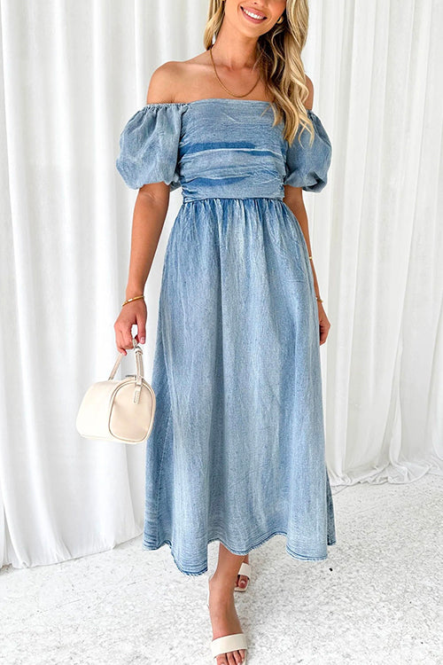 Margovil Puff Sleeves Smocked Empire Waist Denim Swing Dress