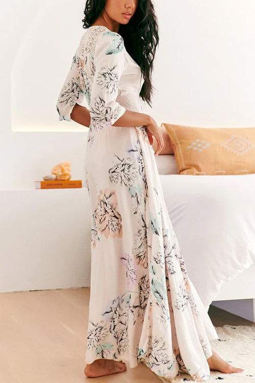 Buttons V Neck High Waist Floral Maxi Swing Dress