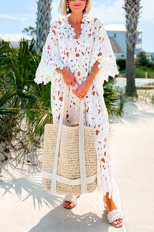 V Neck Hollow Out Eyelet Lace Beach Cover Up Dress