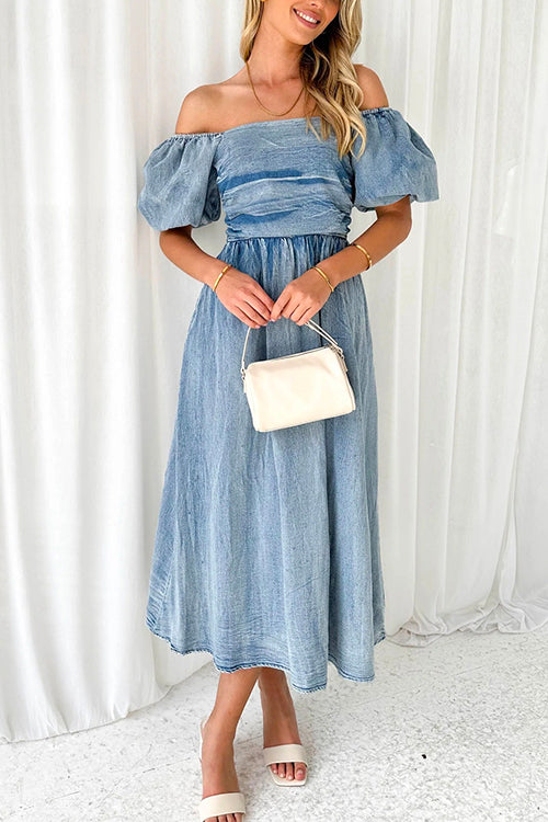 Margovil Puff Sleeves Smocked Empire Waist Denim Swing Dress