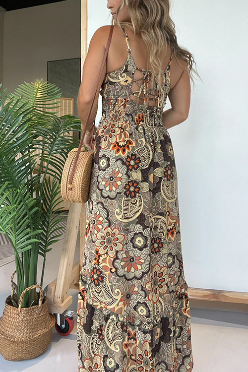 Margovil V Neck Back Lace-up Slit Floral Print Maxi Cami Dress