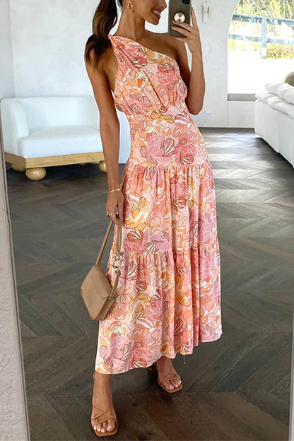 One Shoulder Ruffle Tiered Floral Print Maxi Dress