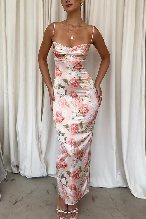 Margovil Floral Print Back Slit Bustier Maxi Sling Dress