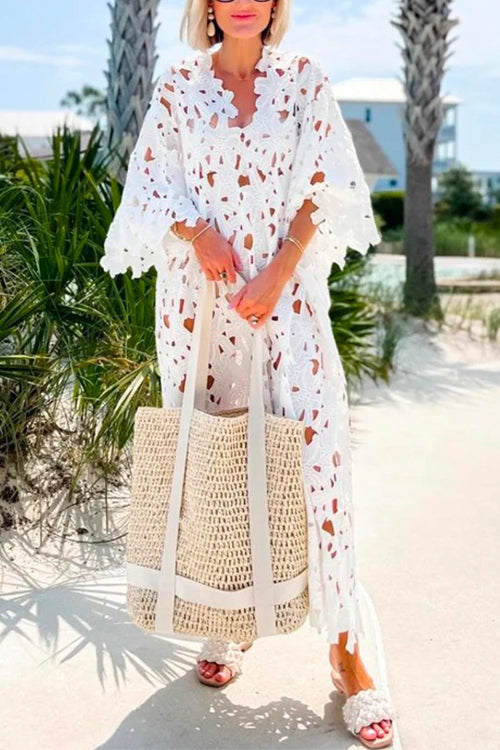 V Neck Hollow Out Eyelet Lace Beach Cover Up Dress