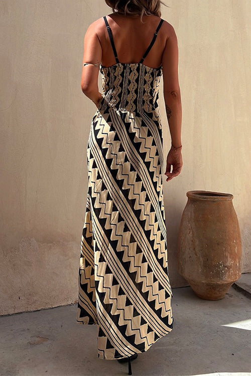 Chic V Neck Geometric Printed Irregular Maxi Cami Dress