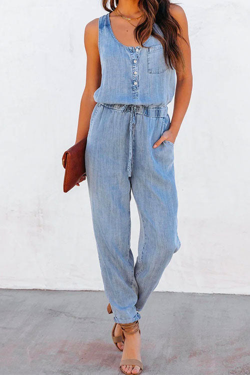 Margovil Drawstring Waist Distressed Denim Tank Jumpsuit