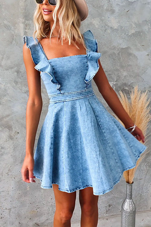 Square Collar Ruffle Trim A-line Denim Mini Dress