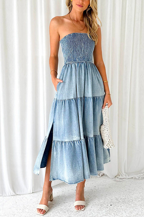 Margovil Strapless Tube Side Slit Ruffle Tiered Denim Dress