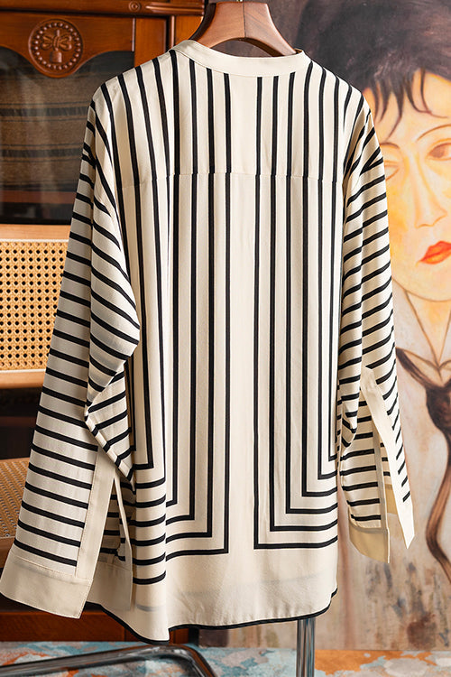 Margovil Button Up Long Sleeves Striped Silk Scarf Blouse