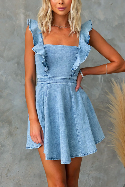 Square Collar Ruffle Trim A-line Denim Mini Dress