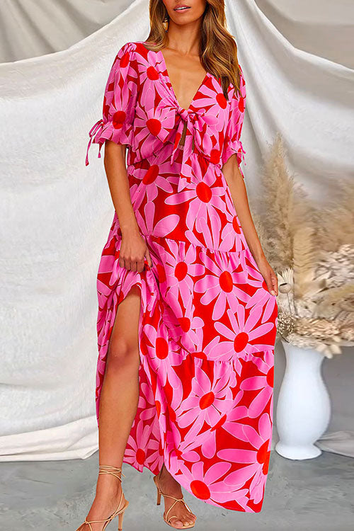 Margovil Floral Printed V Neck Tie Knot Front Tiered Swing Maxi Dress