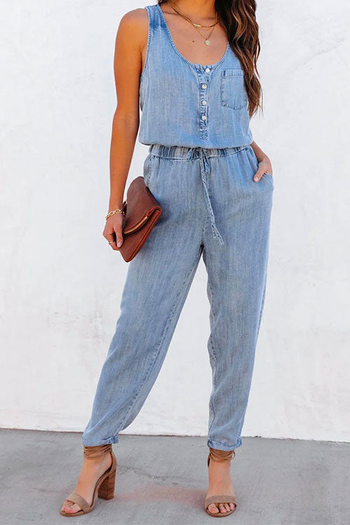 Margovil Drawstring Waist Distressed Denim Tank Jumpsuit