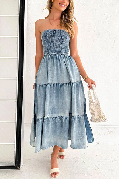 Margovil Strapless Tube Side Slit Ruffle Tiered Denim Dress