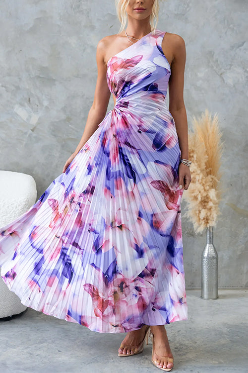 Chicest One Shoulder Cut Out Pleated Floral Print Maxi Dress