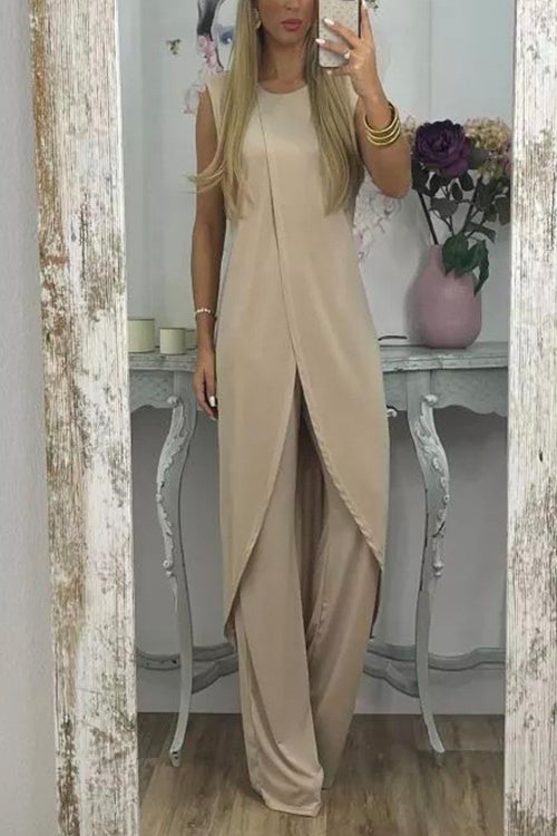 Margovil Chic Tulip Hem Sleeveless Long Top Wide Leg Pants Set