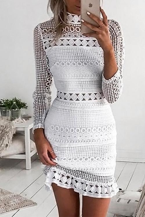 Margovil Mockneck Back Zipper Lace Splice Hollow Out Solid Dress