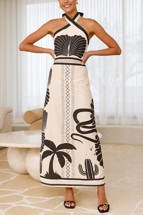 Margovil Palm Canyon Print Criss Cross Halter Maxi Dress