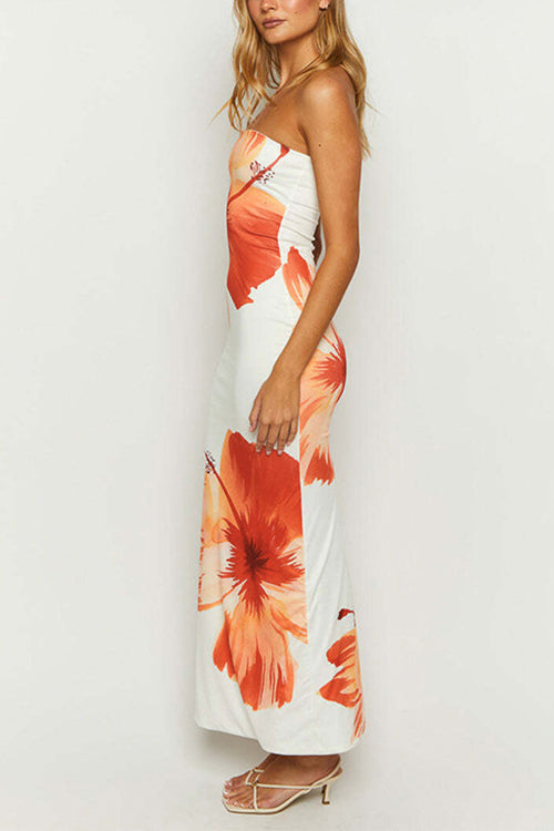 Margovil Strapless Tube Floral Print Maxi Vacation Dress