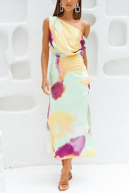 Asymmetric Shoulder Waisted Tie Dye Slit Maxi Dress