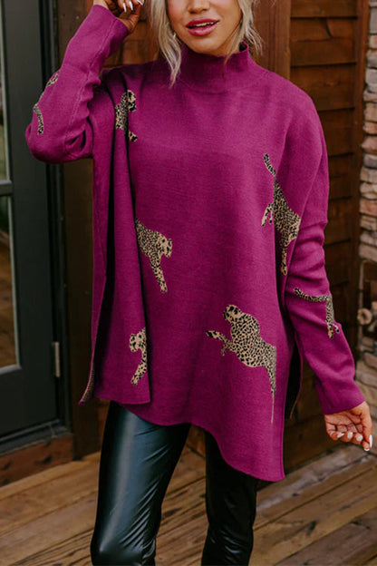 Margovil High Neck Side Slit Cheetah Pattern Sweater