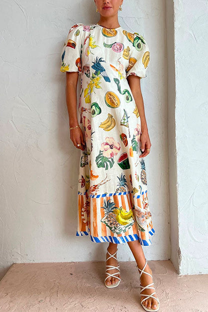 Margovil Puff Sleeve Food Printed Swing Maxi Vacation Dress