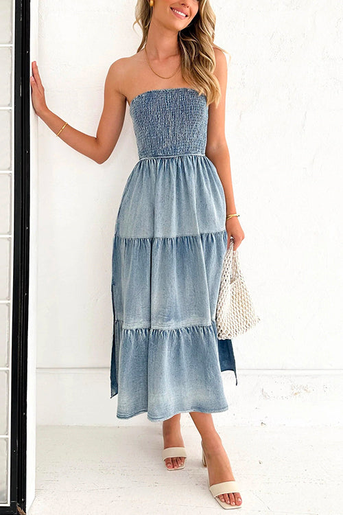 Margovil Strapless Tube Side Slit Ruffle Tiered Denim Dress