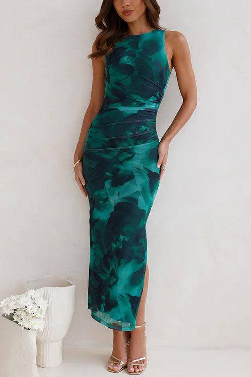 Margovil Sleeveless Side Slit Printed Bodycon Midi Dress