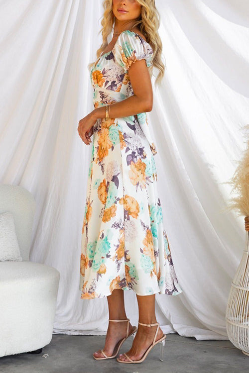 Puff Sleeves Tie Back High Waist Floral Midi Swing Dress