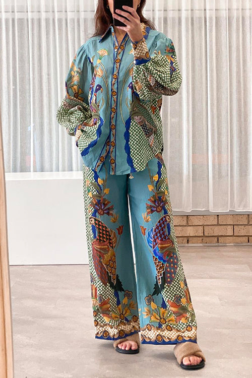 Margovil Birds Printed Puff Long Sleeves Blouse Shirt Wide Leg Pants Vacation Set