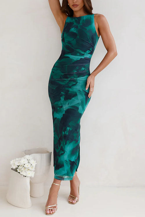 Margovil Sleeveless Side Slit Printed Bodycon Midi Dress