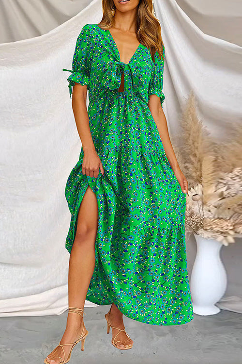 Margovil Floral Printed V Neck Tie Knot Front Tiered Swing Maxi Dress