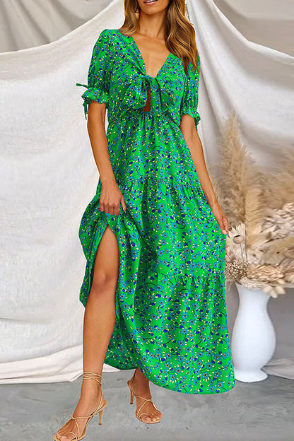 Margovil Floral Printed V Neck Tie Knot Front Tiered Swing Maxi Dress