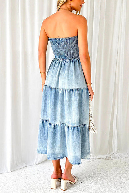 Margovil Strapless Tube Side Slit Ruffle Tiered Denim Dress