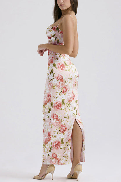 Margovil Floral Print Back Slit Bustier Maxi Sling Dress